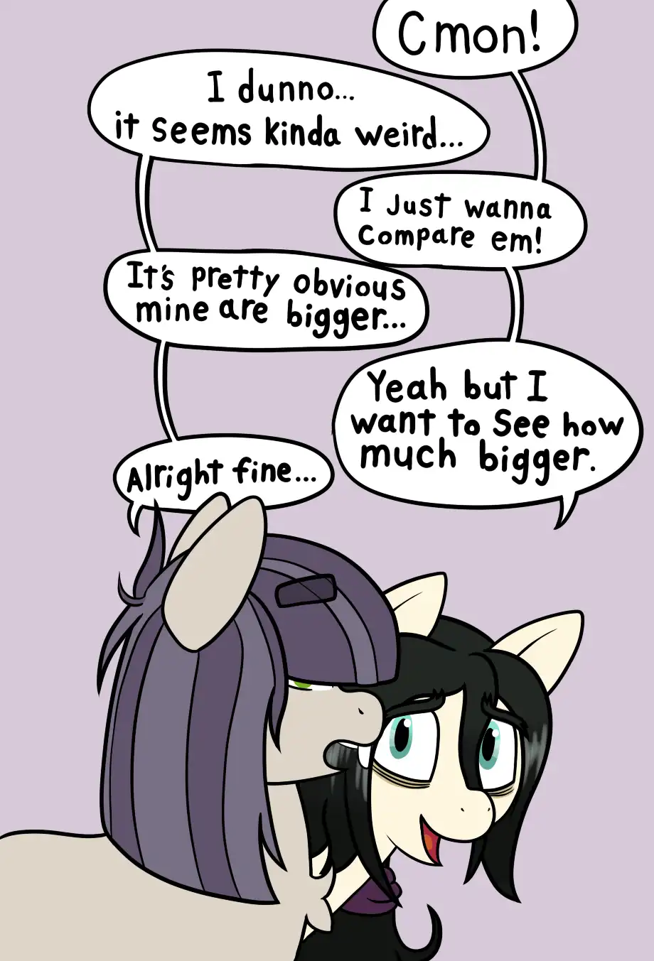 Two cartoon pony characters are having a conversation about comparing their genitalia, with one character reluctantly…