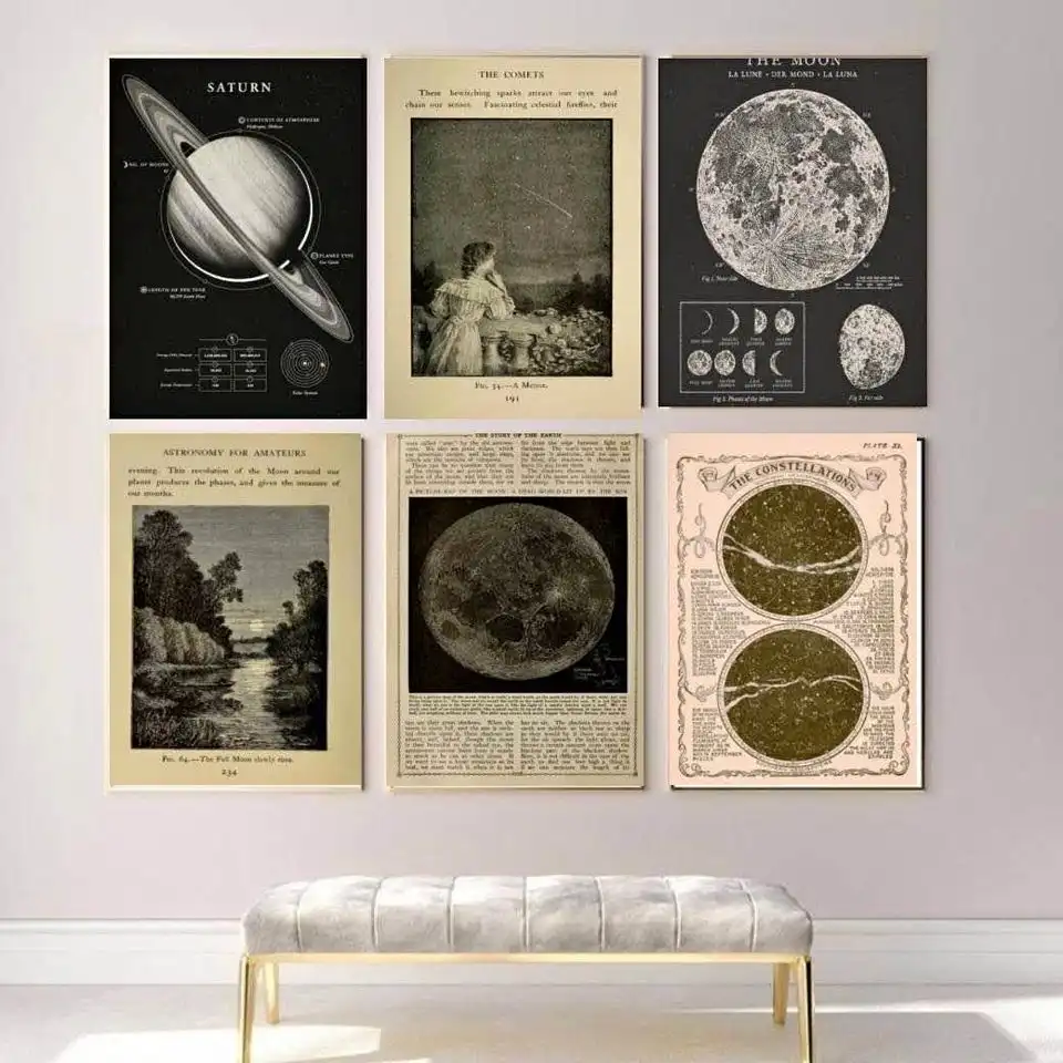 Six vintage-style astronomy posters hang on a wall, depicting Saturn, comets, the moon, constellations, and Earth, with a…