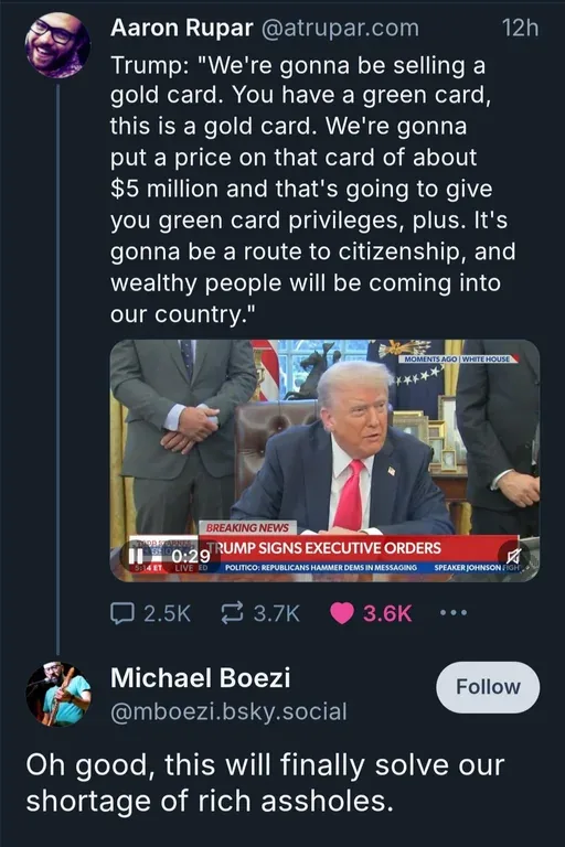 A screenshot of a tweet showing a video clip of Donald Trump speaking about a proposed $5 million 'gold card' for…
