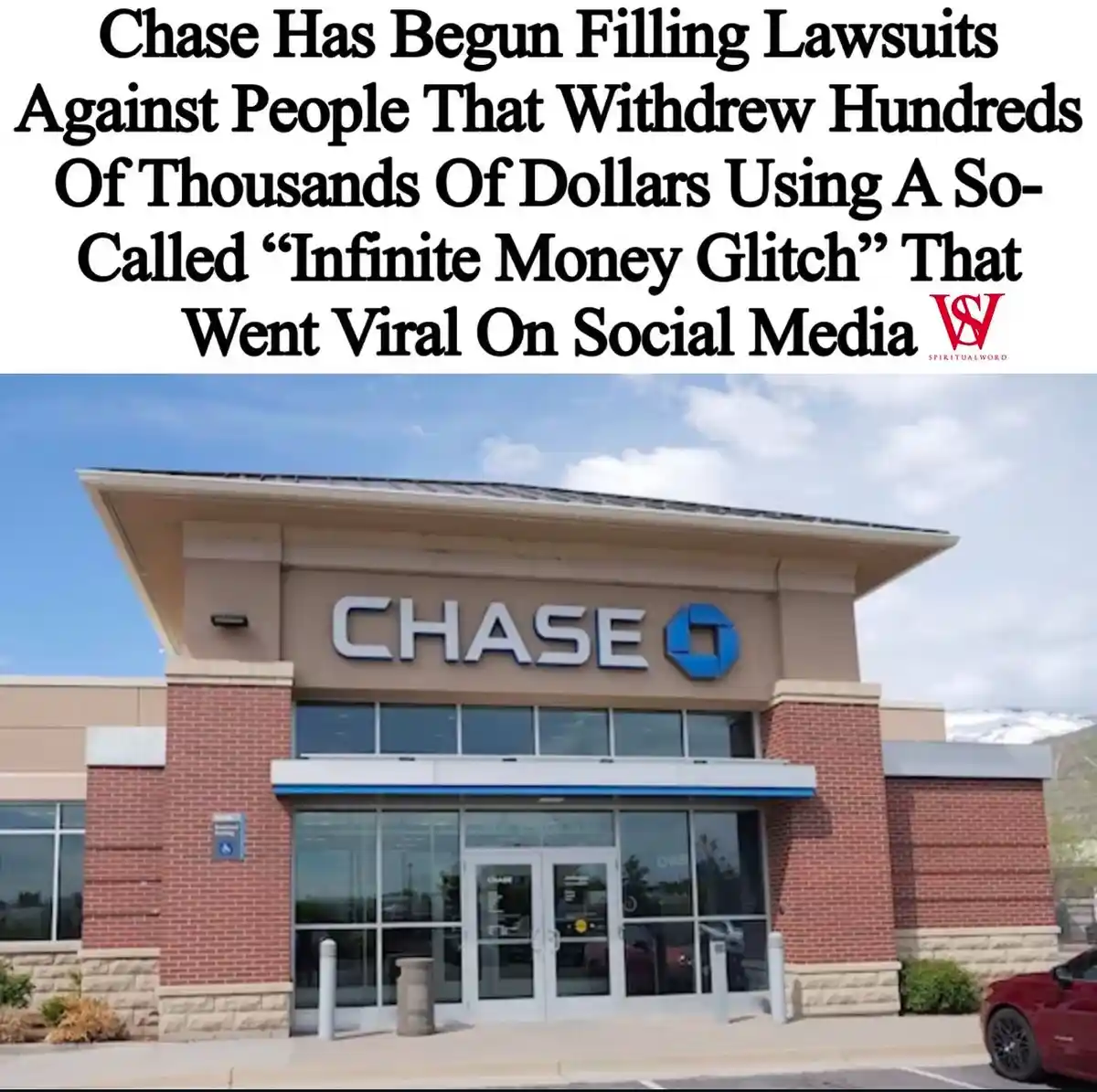 The image shows the front of a Chase bank branch with brick and beige siding, glass doors, and a blue sky. Overlaid text in…