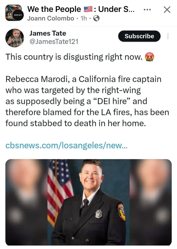 A screenshot of a YouTube video description showing a photo of Rebecca Marodi, a smiling California fire captain in uniform…