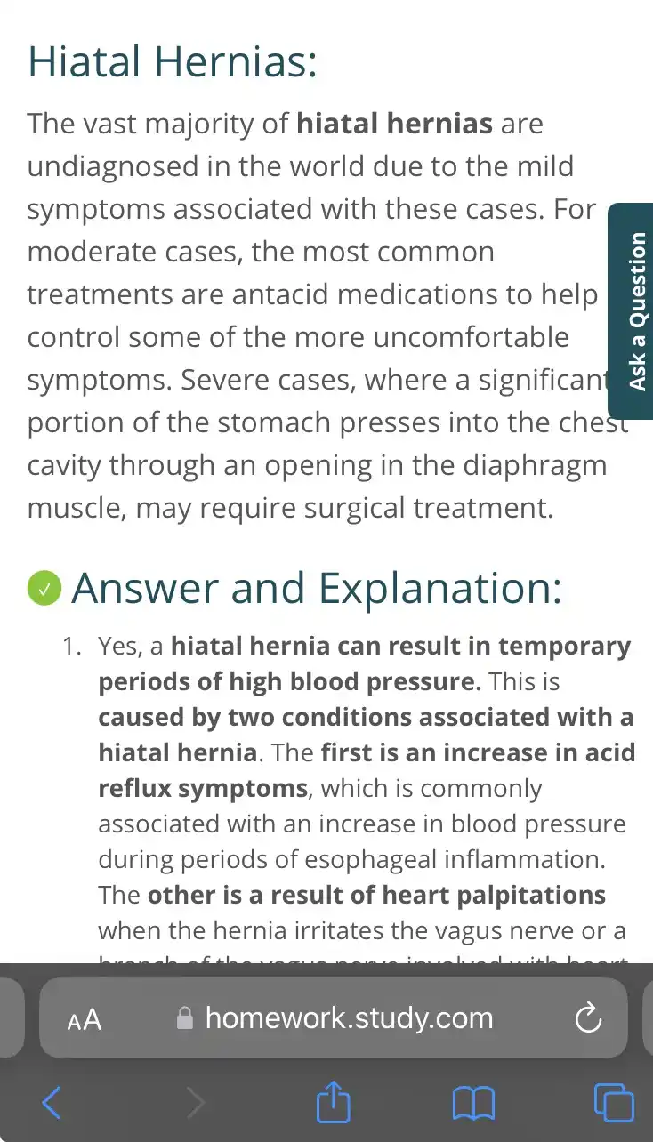 A screenshot of a homework website showing a question about hiatal hernias and its answer, which states that hiatal hernias…