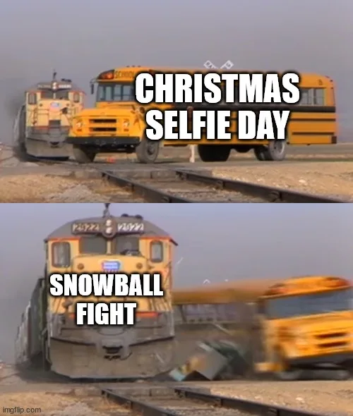 Two-panel image: top shows a train and a school bus side-by-side on tracks with text 'CHRISTMAS SELFIE DAY'; bottom shows…