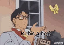 A six-panel animation of an anime character with glasses and a white coat, standing indoors near a window, repeatedly asking…