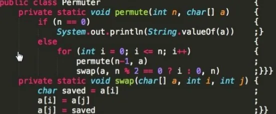 A screenshot of Java code for a recursive permutation algorithm, with a mouse cursor hovering over a line that contains a…