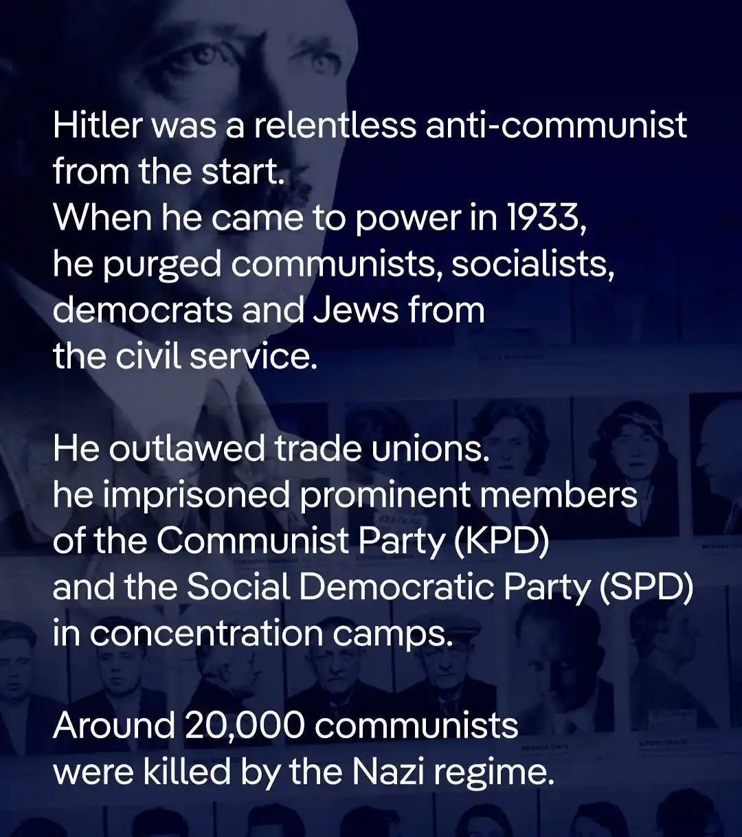 A dark blue-tinted image shows a close-up of Adolf Hitler's face in the upper left, with a background of Nazi-era mugshots…