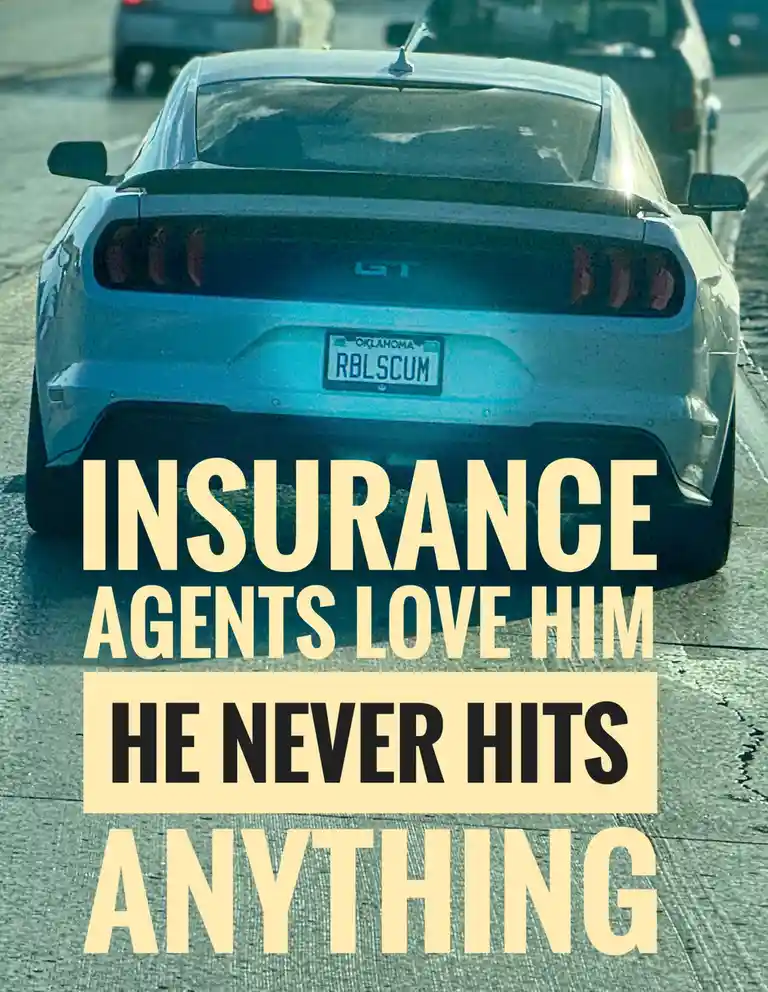 The image shows the rear of a light blue Ford Mustang GT parked on a street, with an Oklahoma license plate reading…
