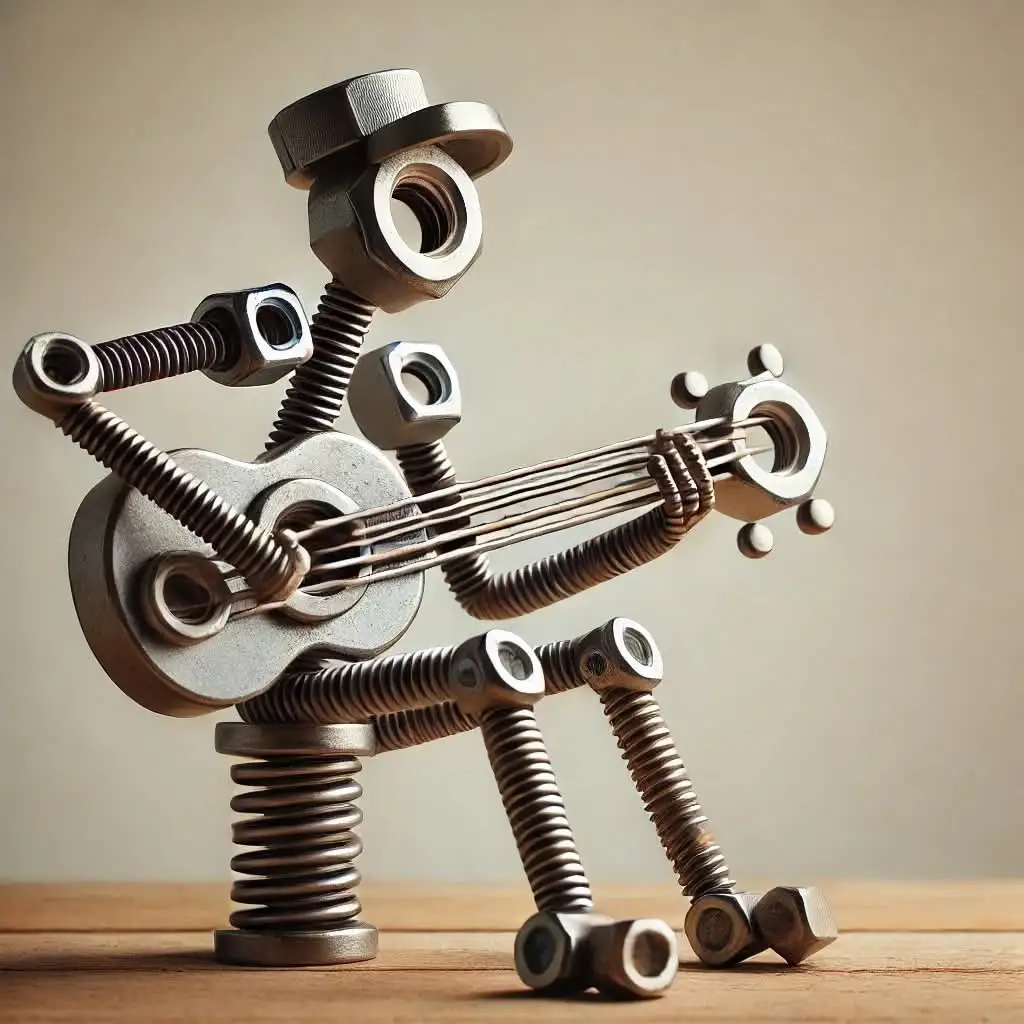 A whimsical sculpture of a robot made entirely from nuts, bolts, and springs, standing on a wooden surface and playing a…