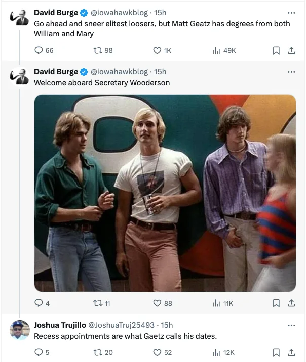 A screenshot of a Twitter thread shows a tweet from David Burge with the text 'Go ahead and sneer elitest loosers, but Matt…