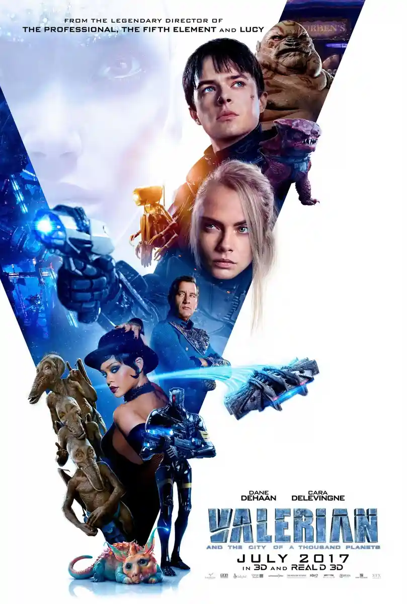 This is a promotional movie poster for 'Valerian and the City of a Thousand Planets,' featuring actors Dane DeHaan and Cara…