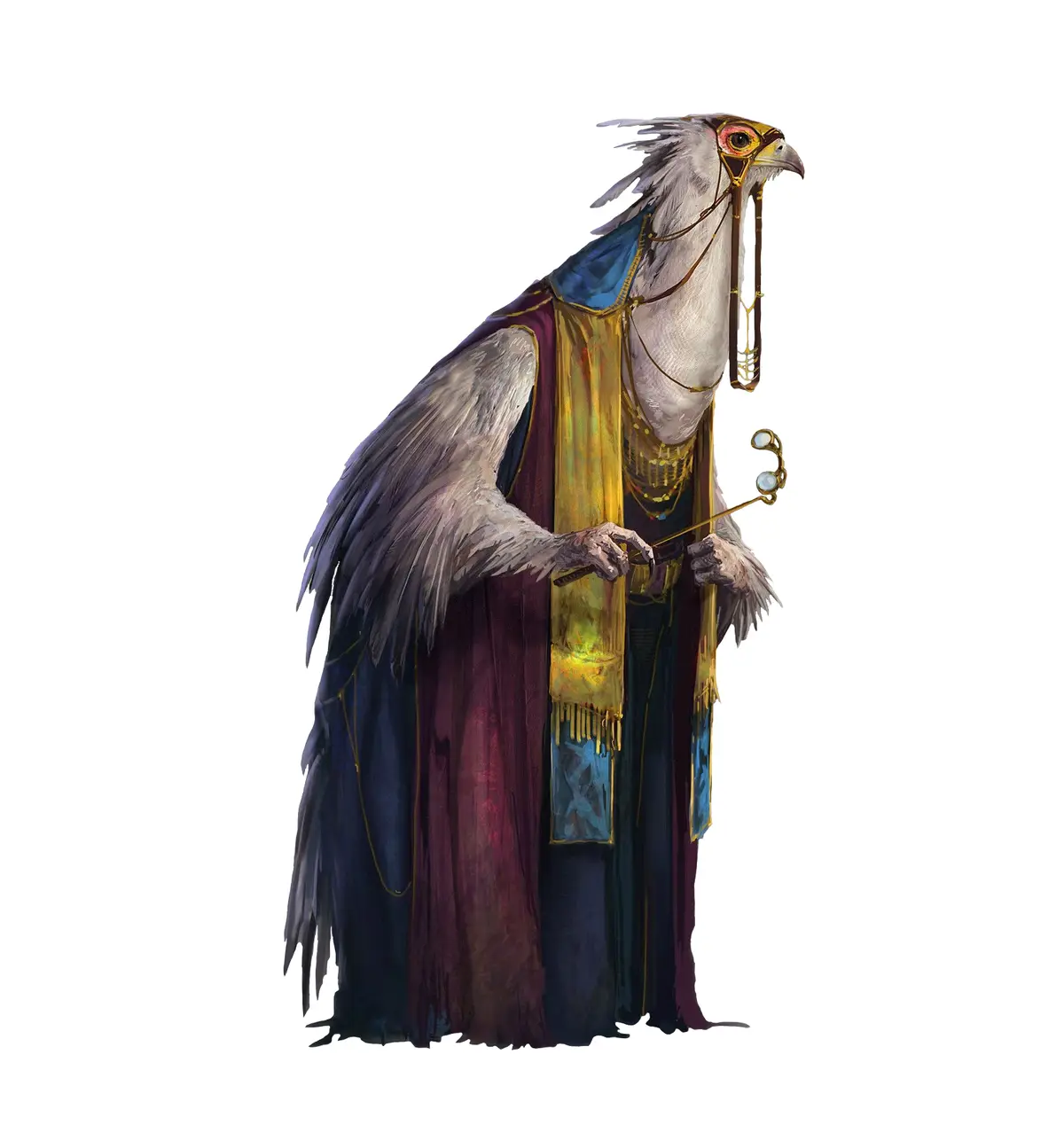 A digitally rendered anthropomorphic eagle with white feathers, wearing ornate robes in blue, purple, and gold, and holding…