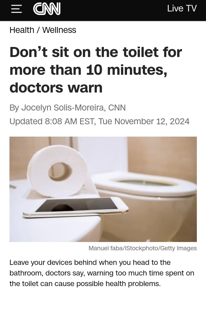A screenshot of a CNN Health/Wellness article with the headline 'Don't sit on the toilet for more than 10 minutes, doctors…