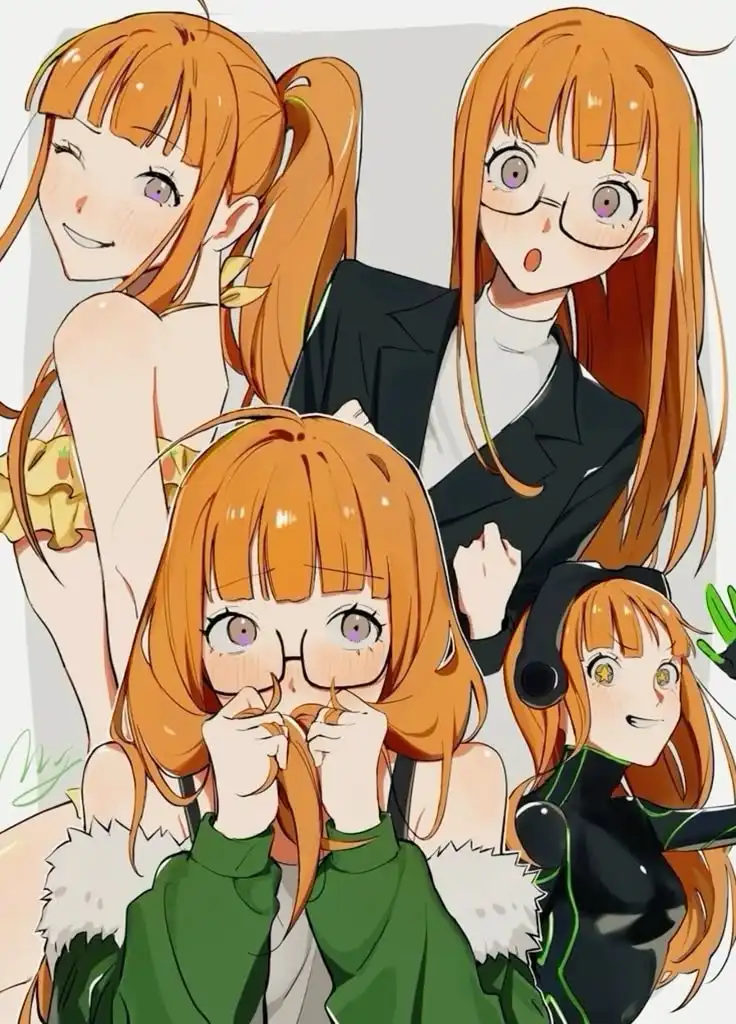 An anime-style illustration features four different depictions of the same orange-haired female character, each in a…