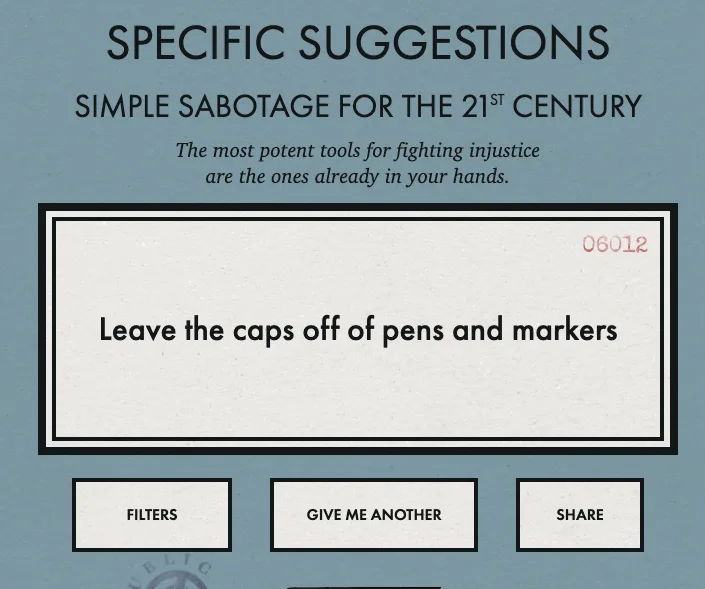 The image displays a mock-up of a government-style document titled 'SPECIFIC SUGGESTIONS' with the subtitle 'SIMPLE SABOTAGE…