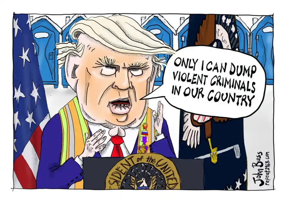 A cartoon depicts a caricature of Donald Trump standing at a podium with the seal of the President of the United States…