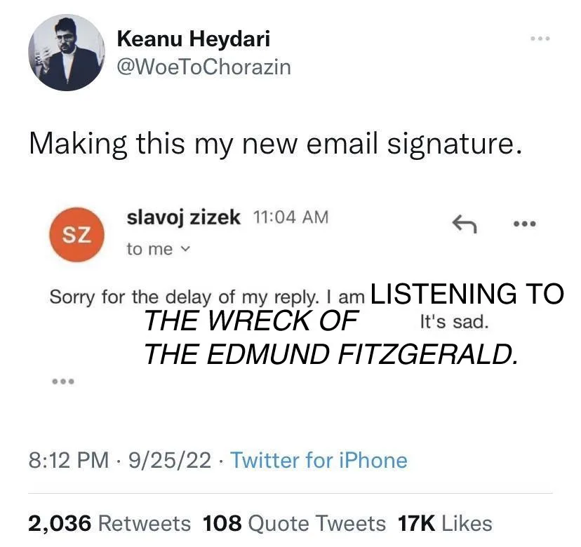 A screenshot of a Twitter thread shows user Keanu Heydari announcing he's using a reply from philosopher Slavoj Zizek as his…