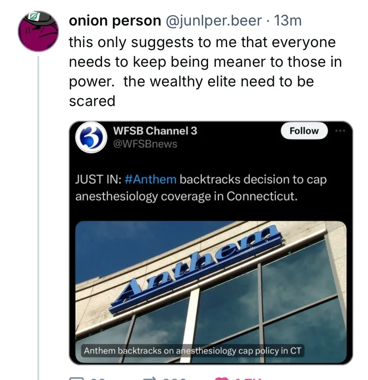 A screenshot of a tweet from 'onion person' replying to a news tweet from WFSB Channel 3. The news tweet announces that…