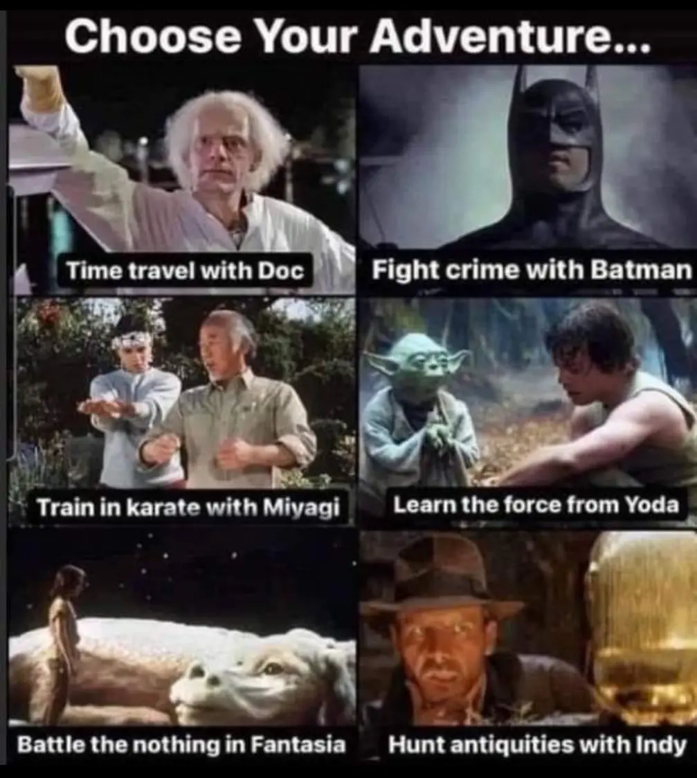 A six-panel grid presents fictional adventure choices under the heading 'Choose Your Adventure...'. Each panel features a…