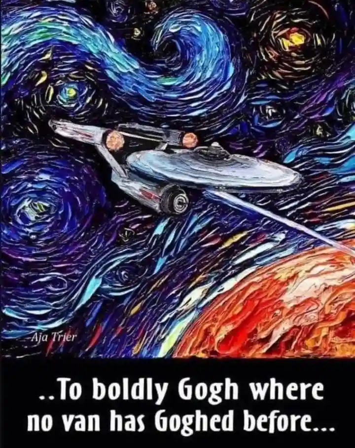 The image features a Star Trek Enterprise spaceship flying through a swirling, star-filled sky painted in the distinctive…