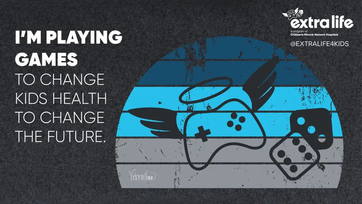 A graphic shows a stylized game controller and dice with wings, set against a blue and gray striped circular background…