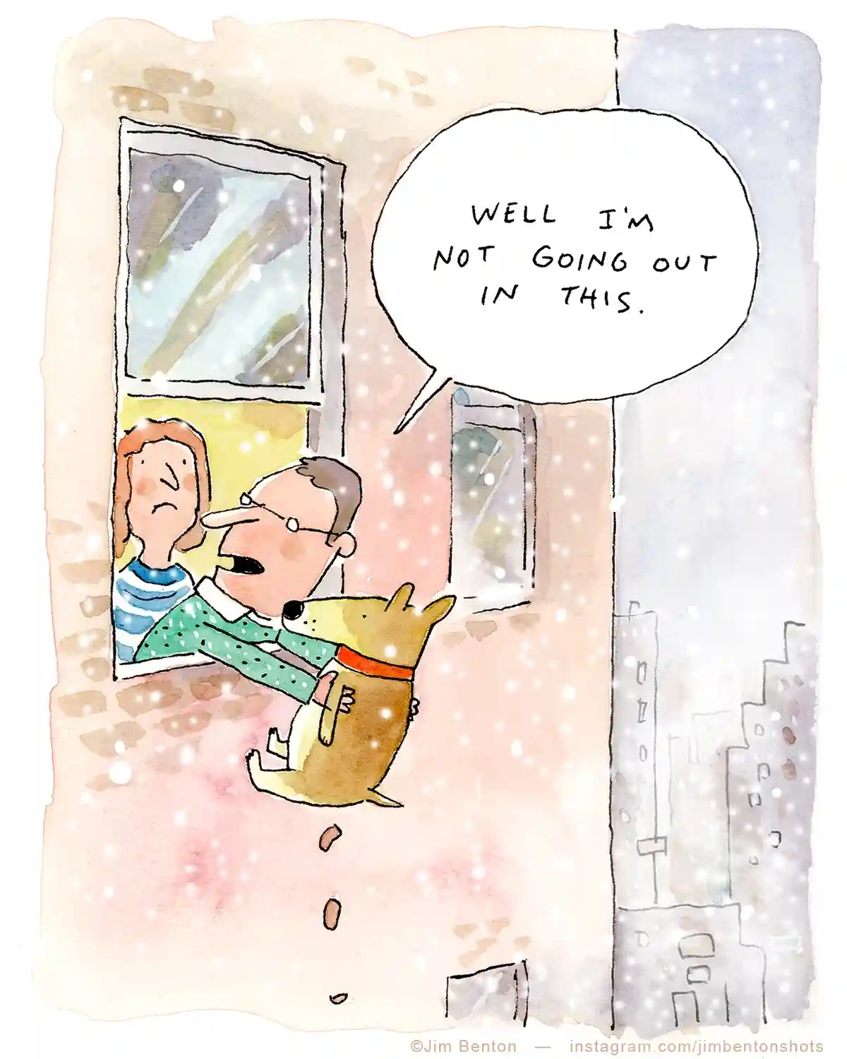 A watercolor illustration shows a man and a woman looking out a window at heavy snowfall. The man, wearing glasses and a…