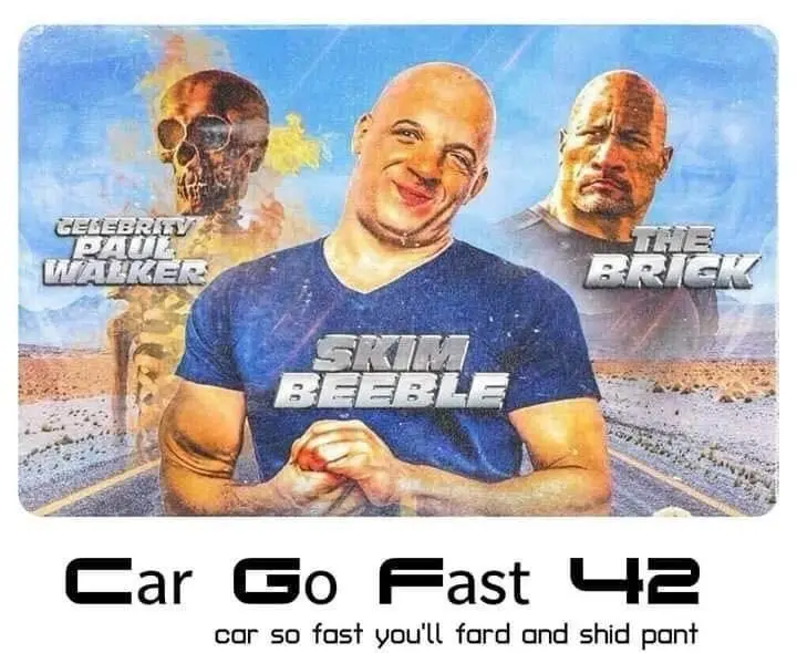 A meme image featuring Vin Diesel in the center wearing a blue shirt with 'SKIM BEEBLE' printed on it, flanked by a skeletal…