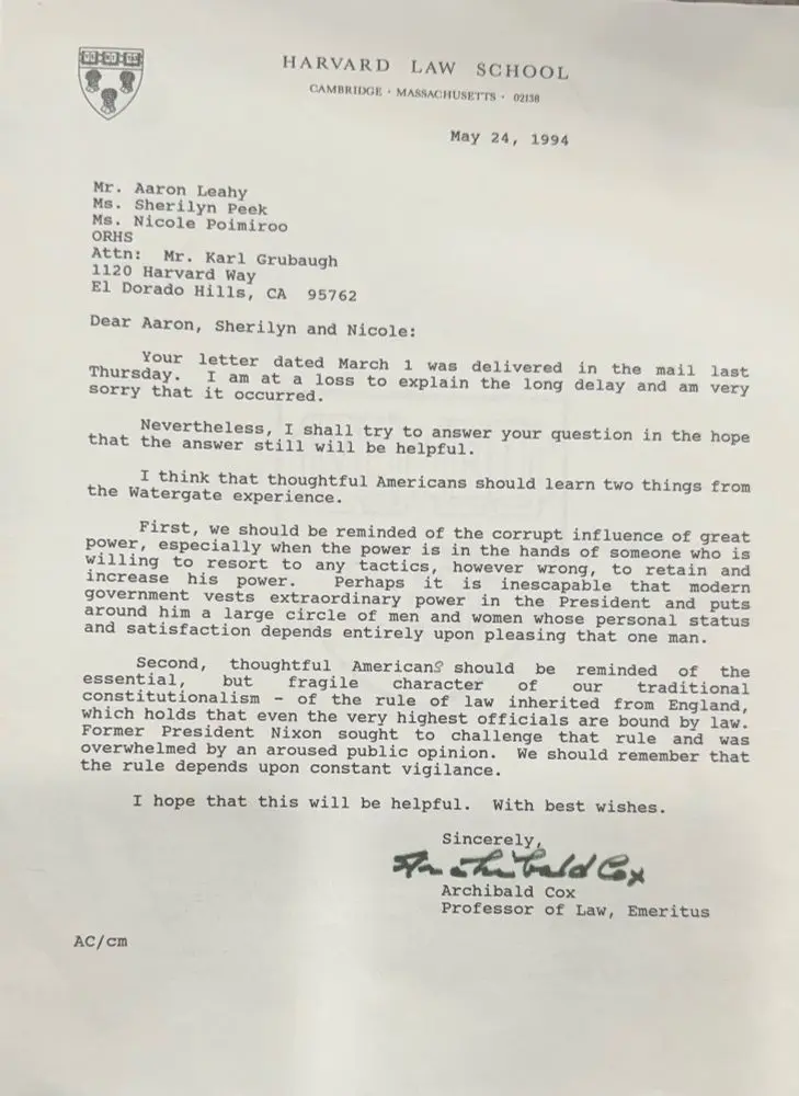 A scanned letter from Harvard Law School dated May 24, 1994, addressed to Aaron, Sherilyn, and Nicole. The letter, signed by…
