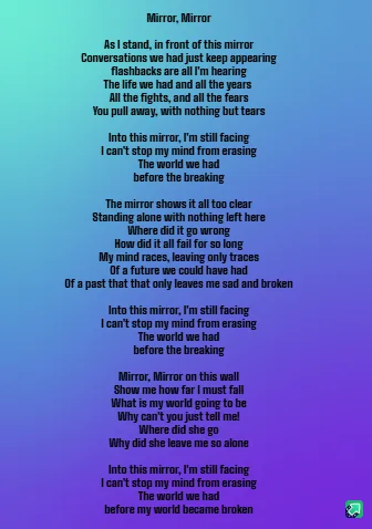 A vertical image with a gradient background from blue to purple, featuring a poem titled 'Mirror, Mirror' overlaid in white…
