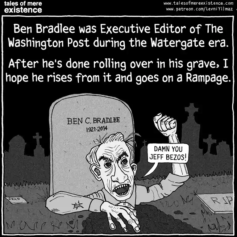 A black-and-white cartoon depicts the grave of Ben C. Bradlee (1921-2014) with his head and arms emerging from the dirt…