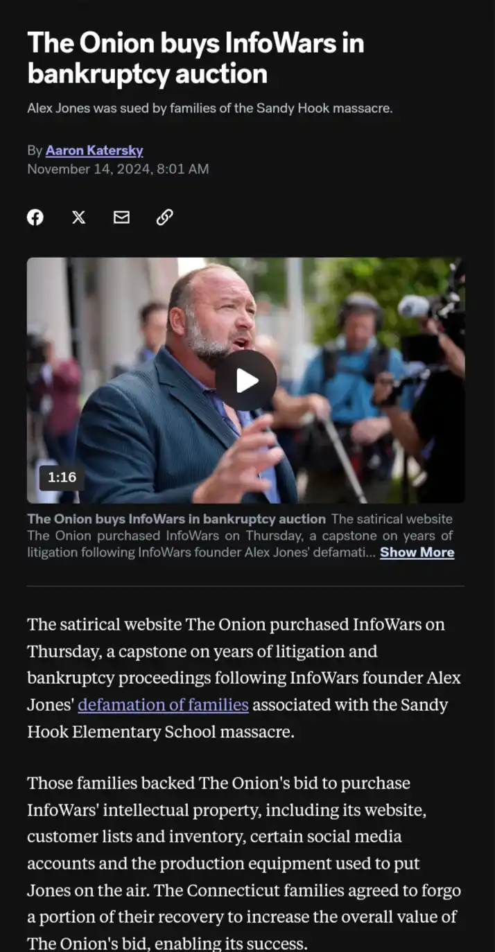 A screenshot of a satirical news article from The Onion, dated November 14, 2024, with a headline stating 'The Onion buys…
