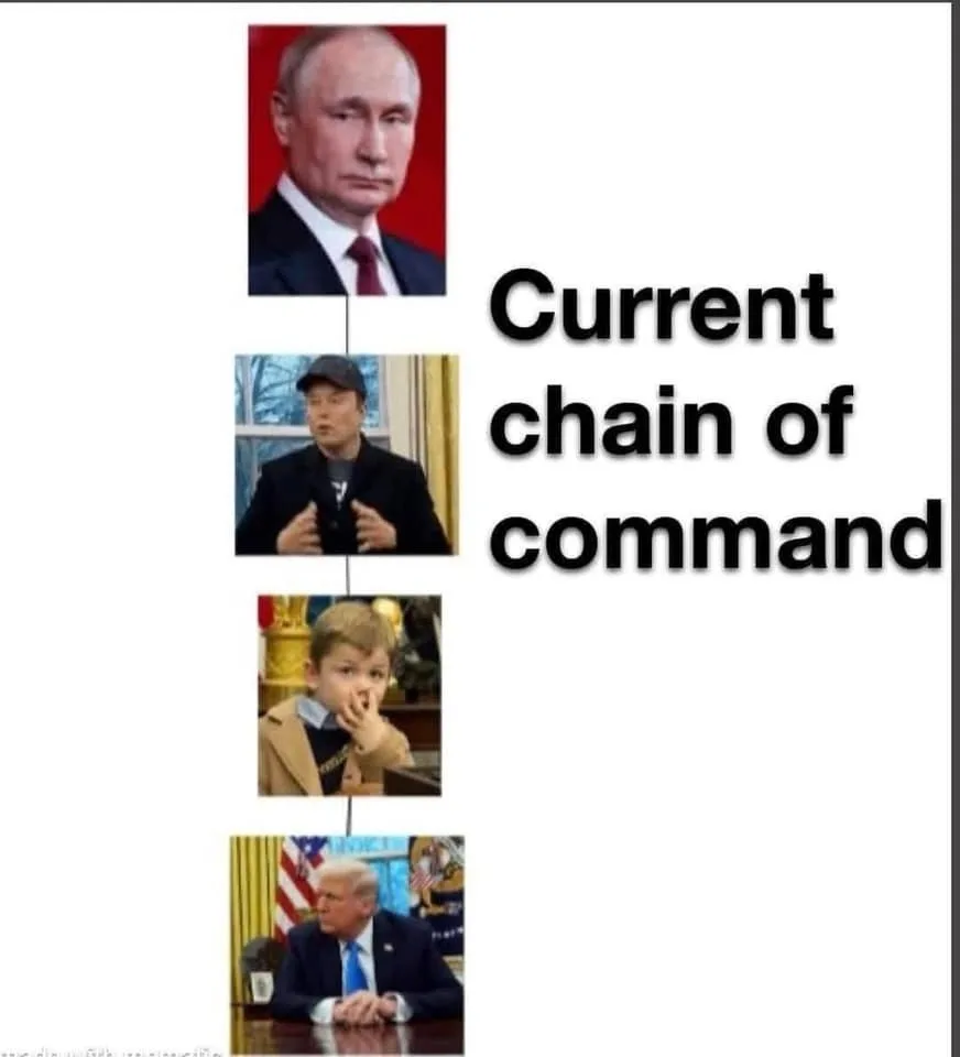 A vertical chain of command meme shows four figures: Vladimir Putin at the top, followed by Elon Musk, then a young boy, and…