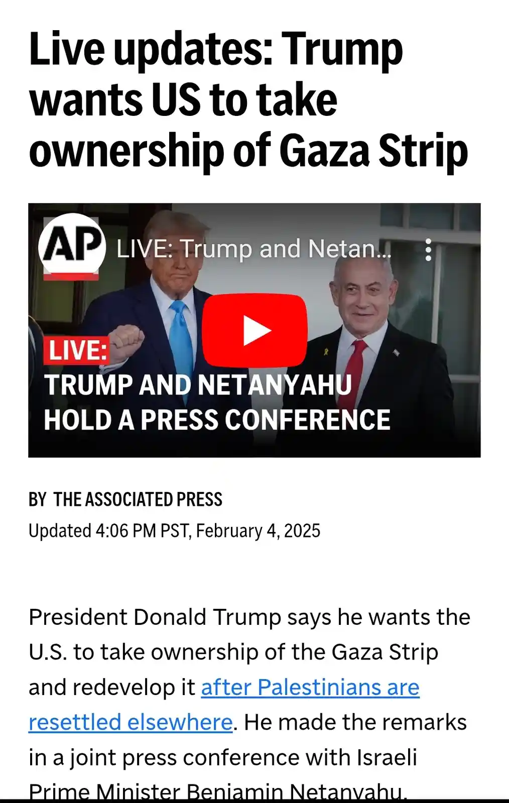The image shows a fake news article with a headline about Trump wanting U.S. ownership of Gaza. Below, a YouTube video…