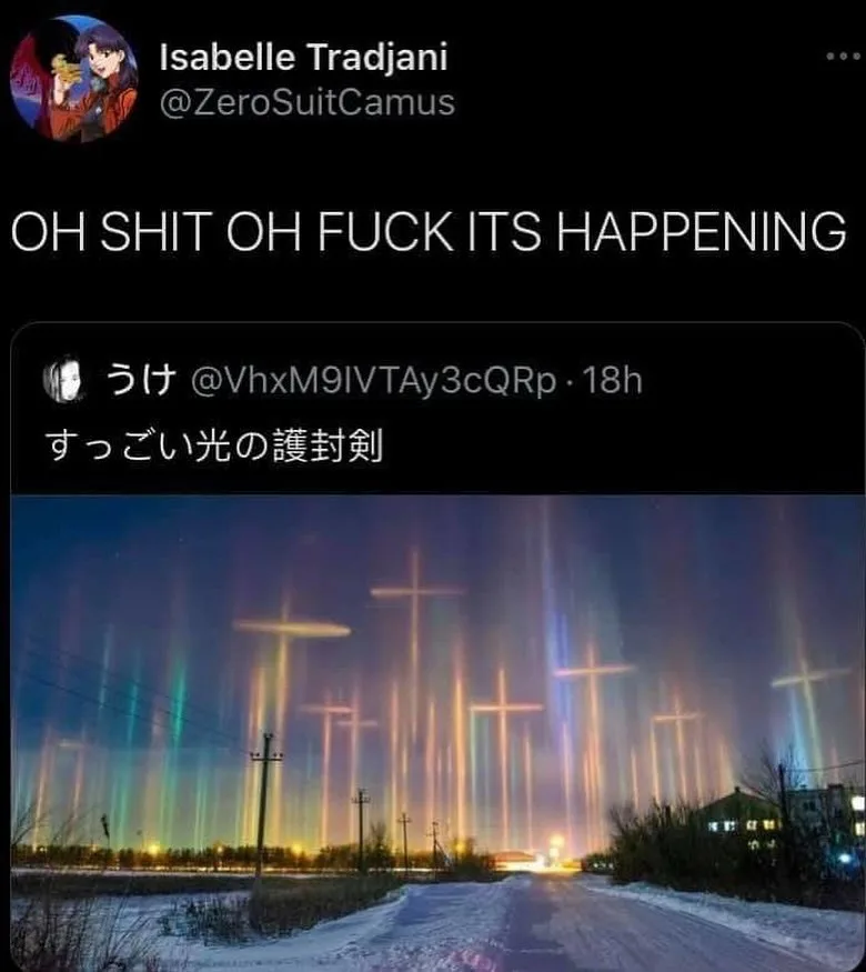 A screenshot of a tweet by Isabelle Tradjani showing a photo of a snowy road at night with dramatic, colorful light beams…