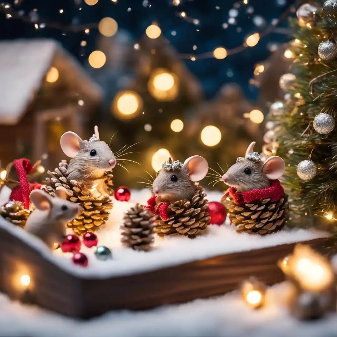 Four small decorative mice are nestled inside pinecones, adorned with tiny crowns and red scarves, sitting in a snowy scene…