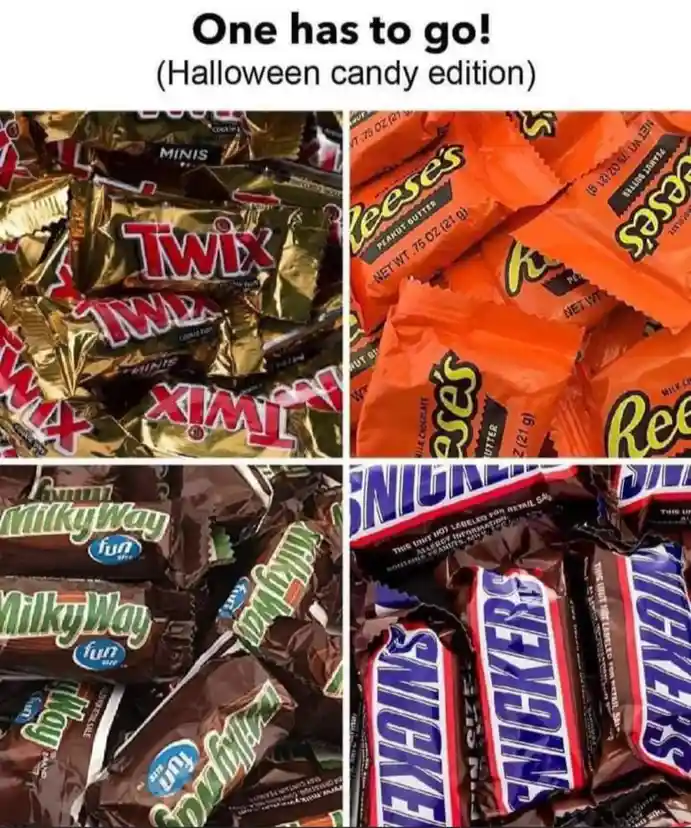 The image displays four quadrants of Halloween candy: Twix in gold wrappers, Reese's in orange wrappers, Milky Way fun size…