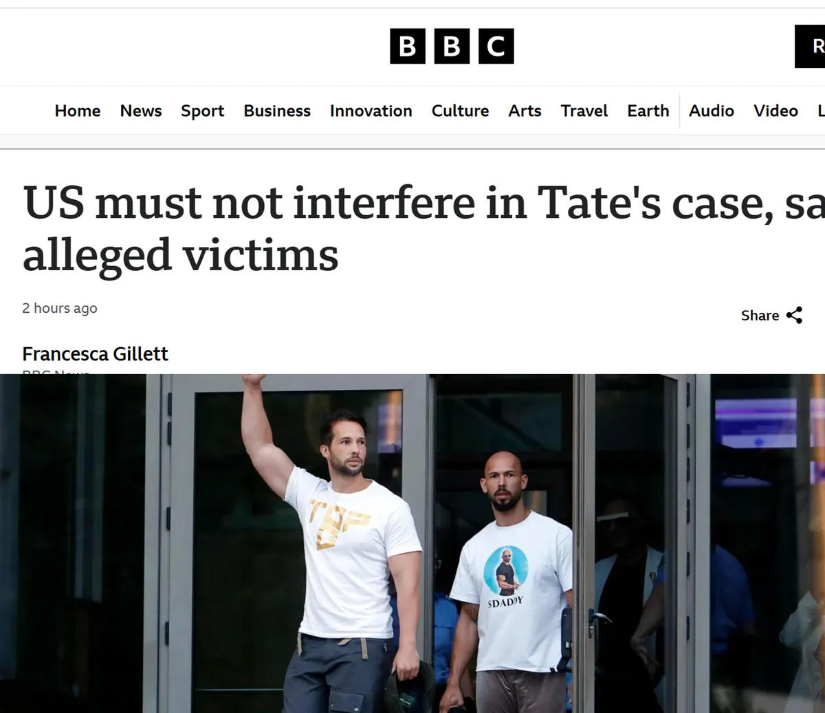 A BBC news article screenshot shows two men walking out of a building; one raises his fist while wearing a white t-shirt…