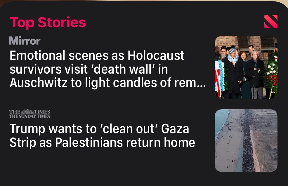 A screenshot of a news app's 'Top Stories' section shows two headlines. The first, from 'Mirror', features a photo of…