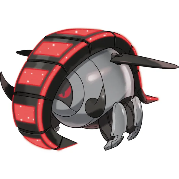A metallic, robotic-looking Pokémon with a red and black segmented shell, glowing red eyes, and mechanical limbs, is shown…
