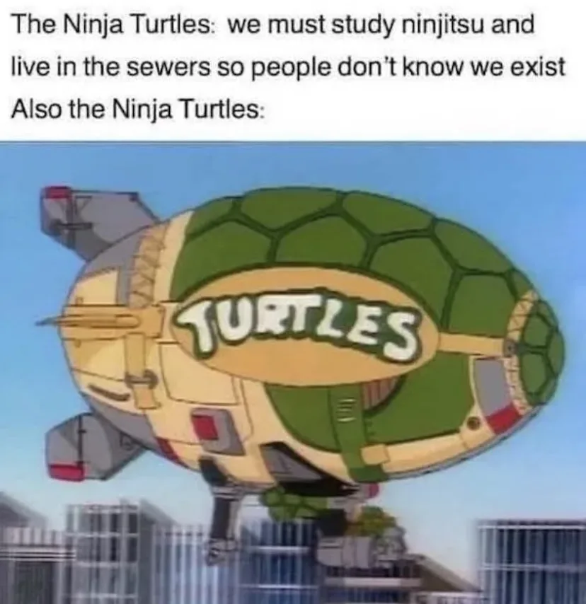 The image shows a large, cartoonish airship shaped like a turtle shell with the word 'TURTLES' written across its side. The…