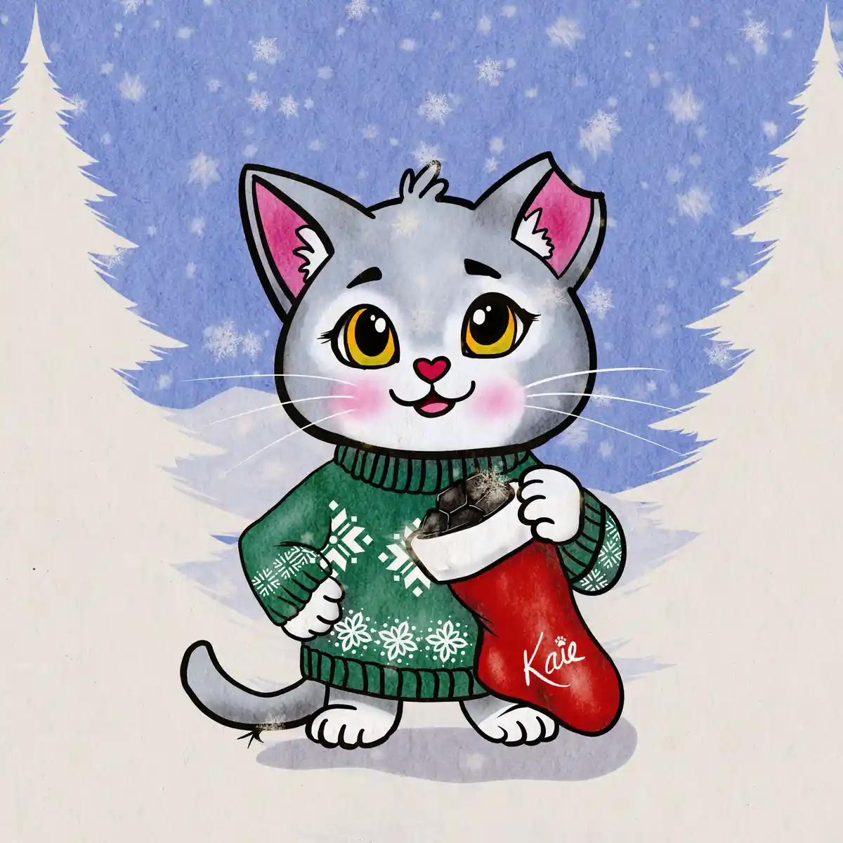 A cartoon grey cat with pink inner ears and yellow eyes wears a green snowflake-patterned sweater and holds a red Christmas…