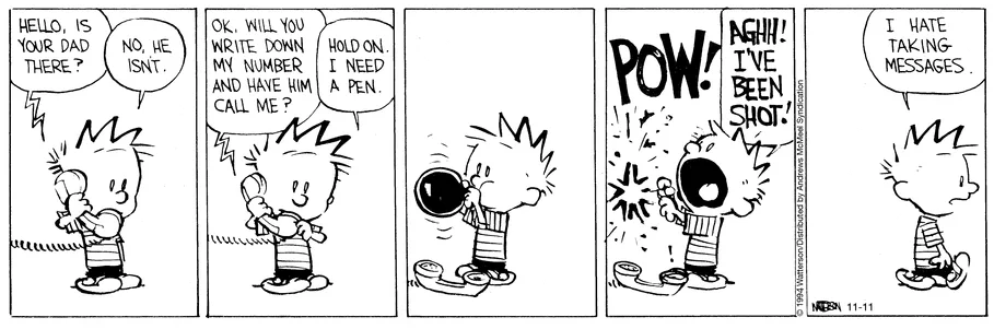 A five-panel comic strip shows a young boy answering a phone, asking for his dad, then being asked to write down a number…