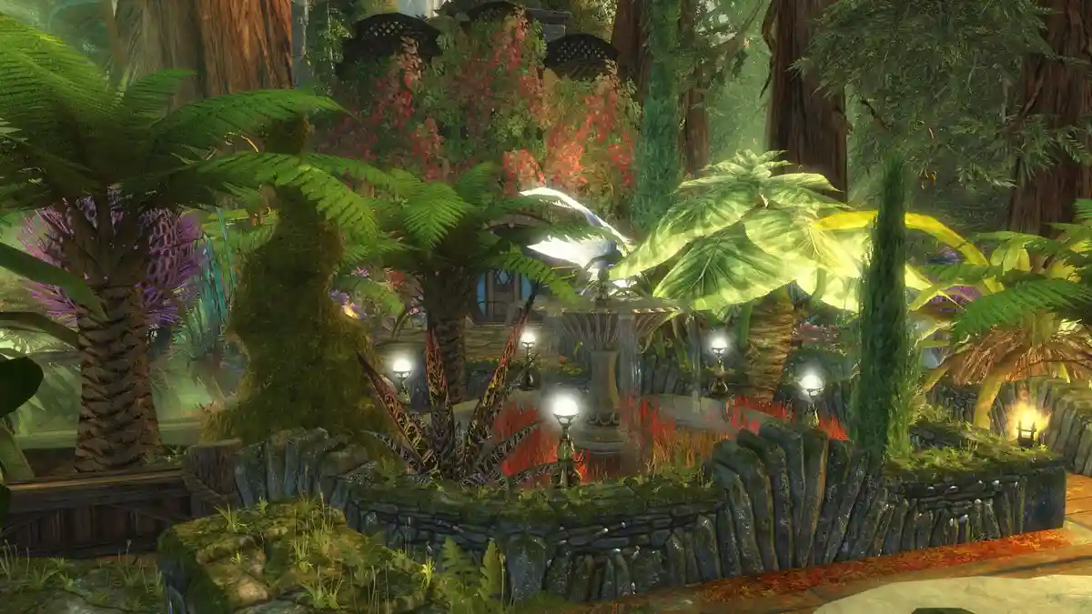 A lush, vibrant fantasy garden scene with a central fountain, moss-covered stone walls, glowing lanterns, and exotic plants…