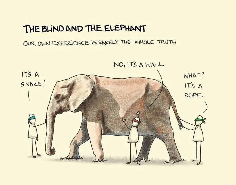 Three blindfolded stick figures touch different parts of a large elephant and each describes it differently: one says 'it's…