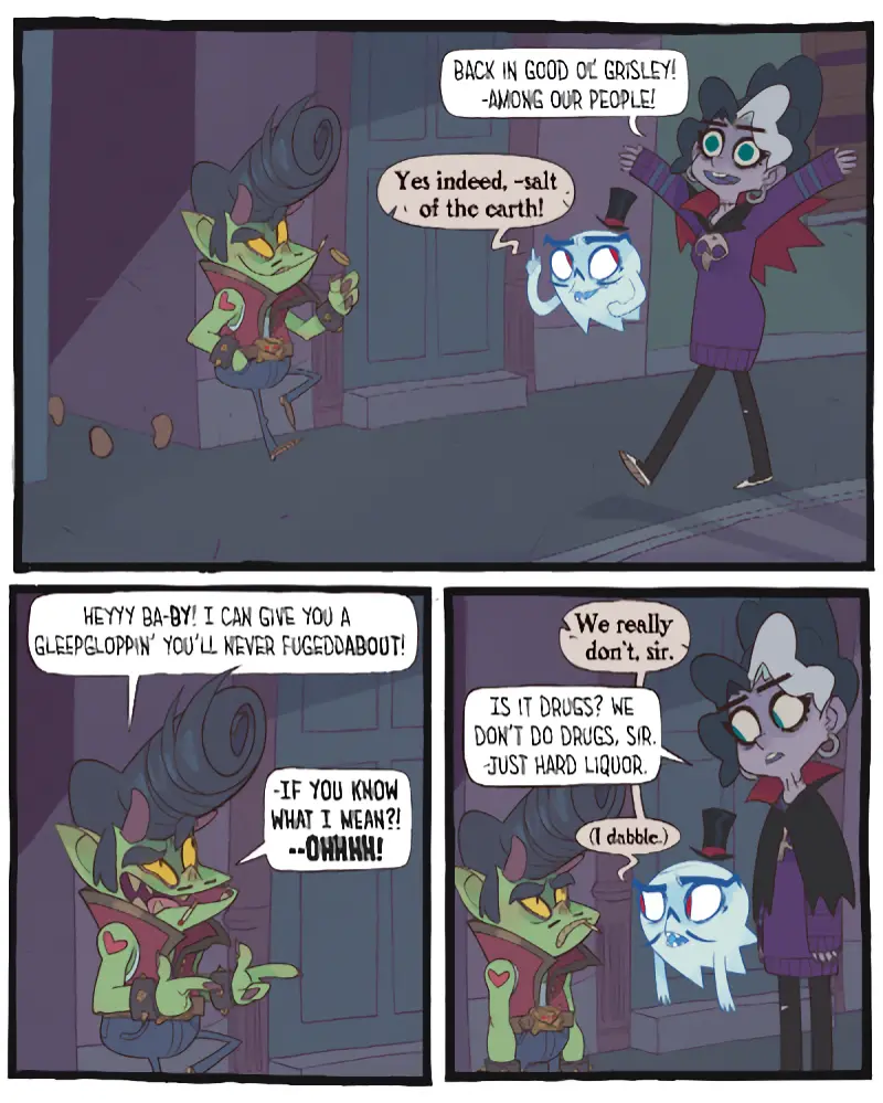 A comic strip from 'The Grim Adventures of Billy & Mandy' shows a green-skinned character with a large hat and a ghostly…