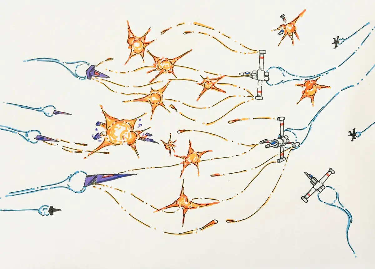A hand-drawn illustration depicts a chaotic space battle with orange star-shaped explosions, blue dotted flight paths, and…