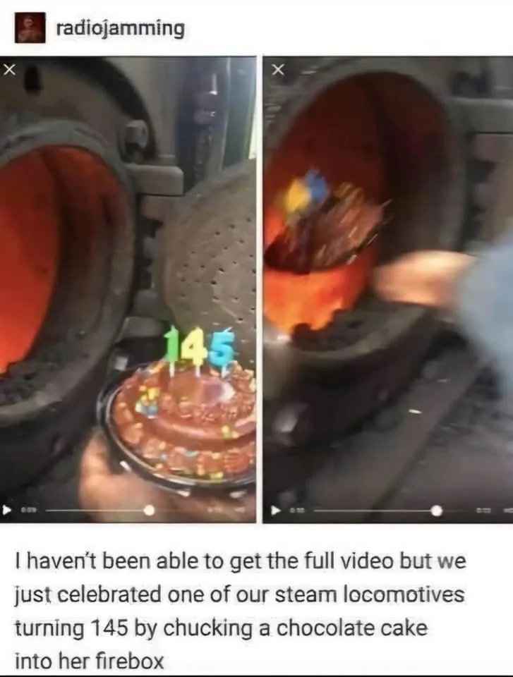 A split-screen image shows a chocolate cake with '145' candles being placed into the glowing orange firebox of a steam…