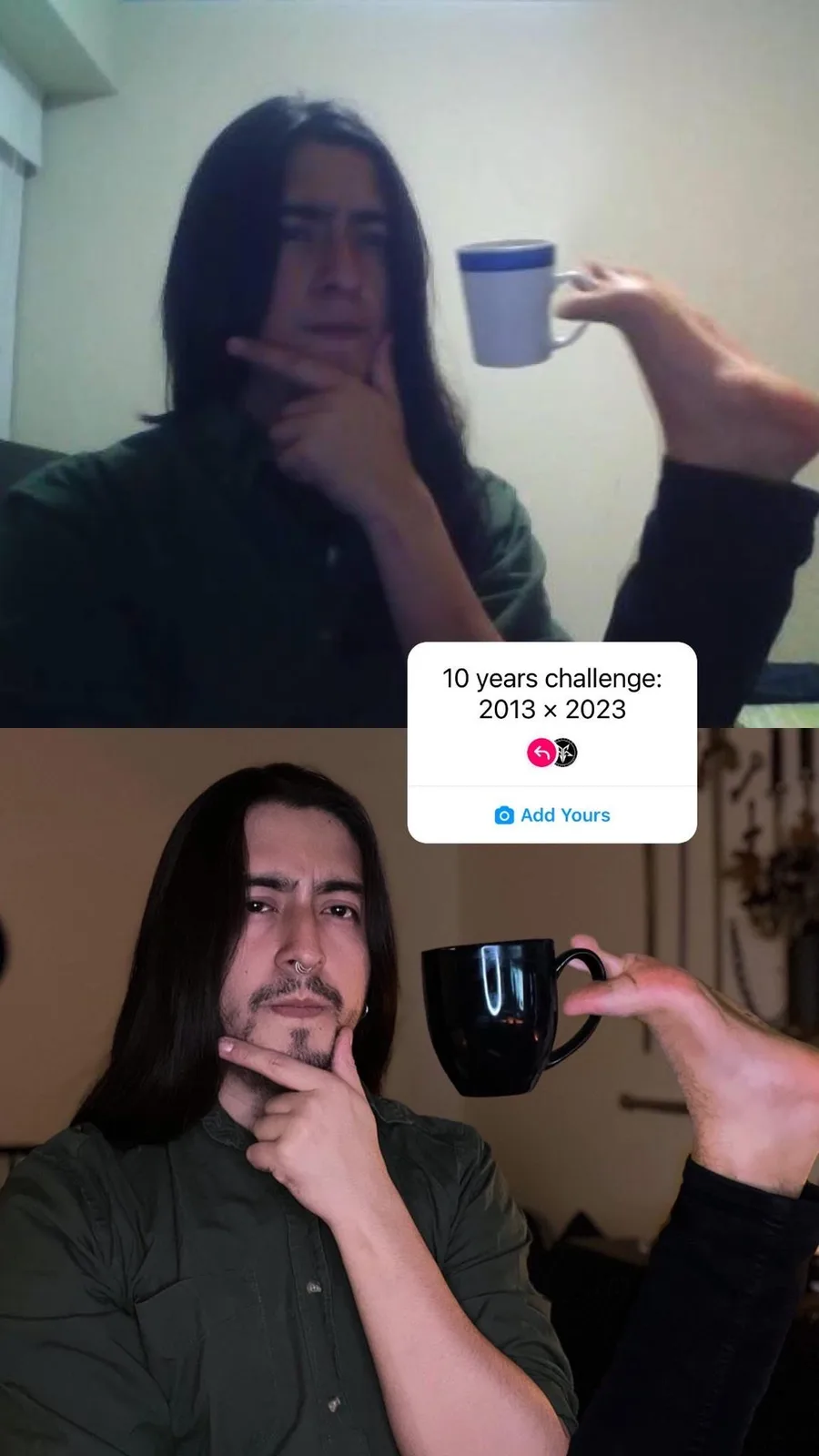 A split image shows the same man in two photos, one from 2013 with a white mug and one from 2023 with a black mug, both with…