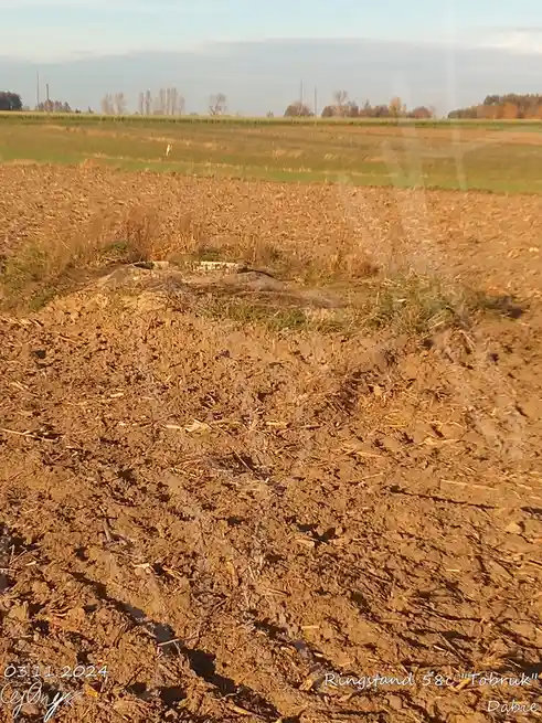 A photograph of a plowed field with a small, weathered concrete structure partially buried in dirt, with text overlaid at…