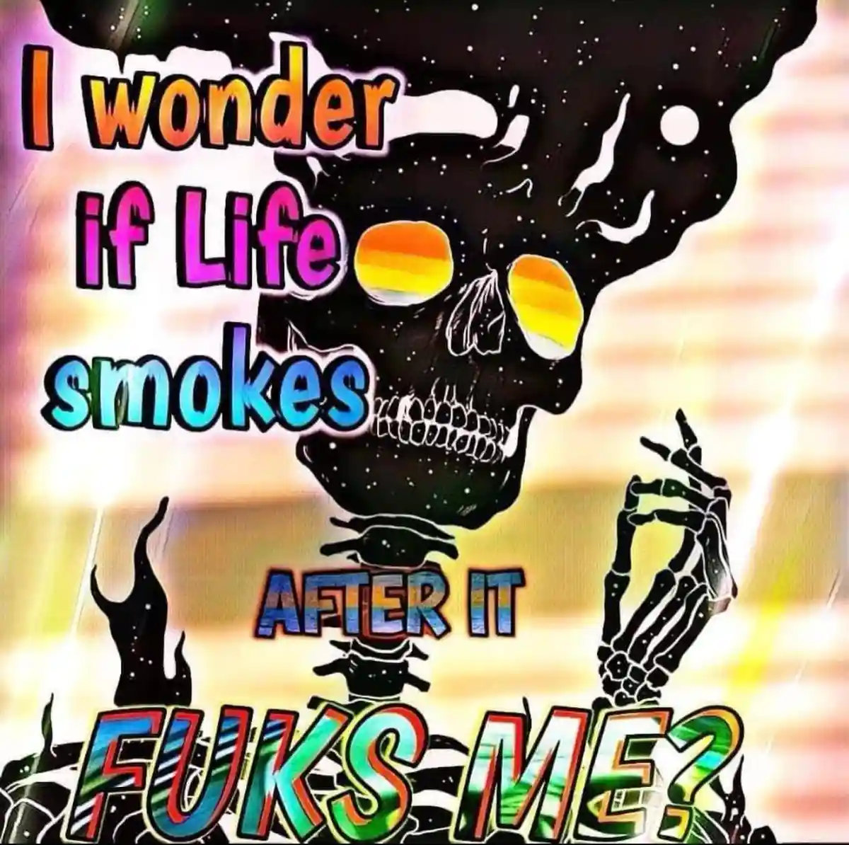 A stylized black skull with rainbow-colored sunglasses and a cosmic smoke cloud above its head, holding a cigarette. The…