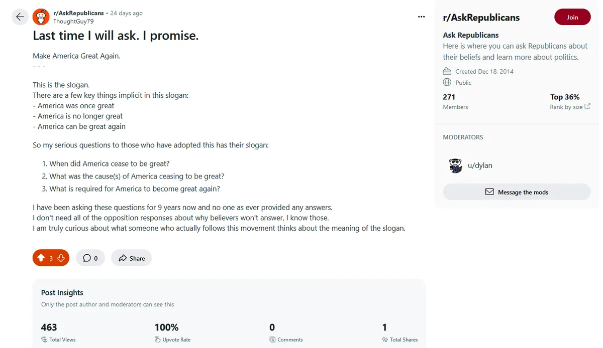 A screenshot of a Reddit post from r/AskRepublicans showing a user's serious questions about the 'Make America Great Again'…